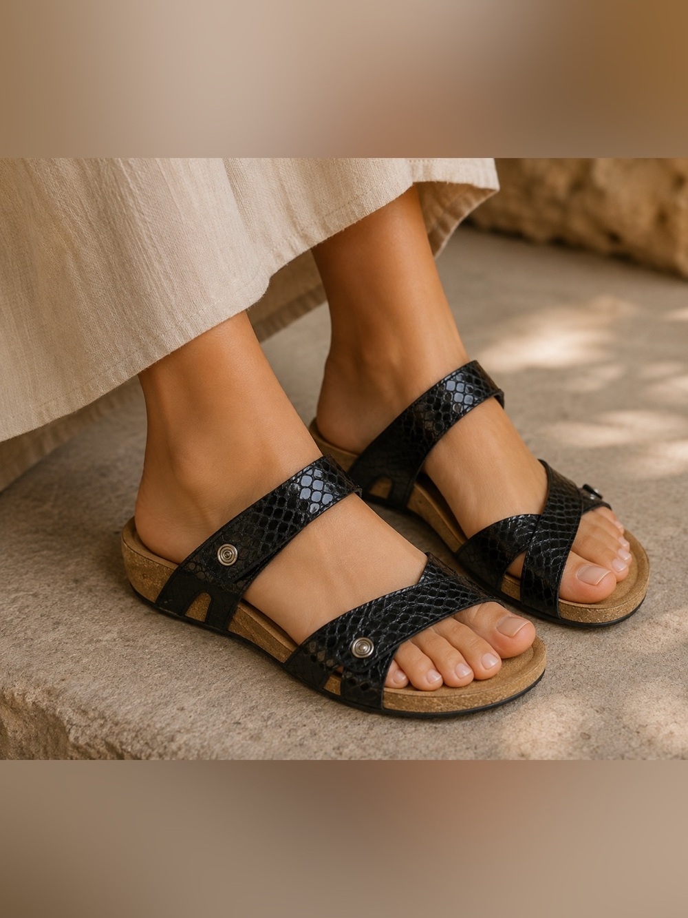 Taos 2 Strap Slide Black Leather Cork Sandals Shoes Womens 8.5